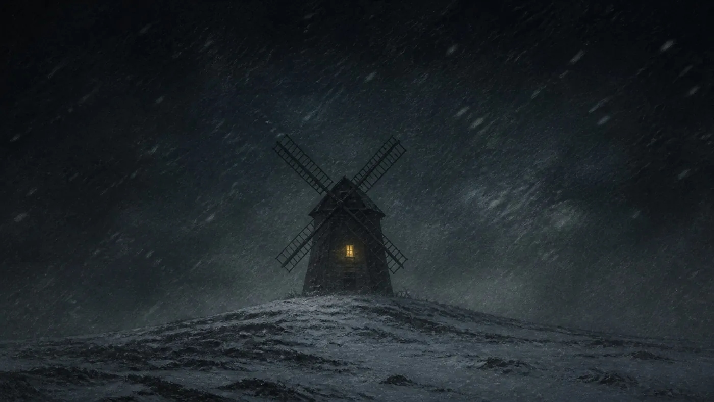 風雪中孤立在坡頂的磨坊，只有一扇窗透出病黃的光